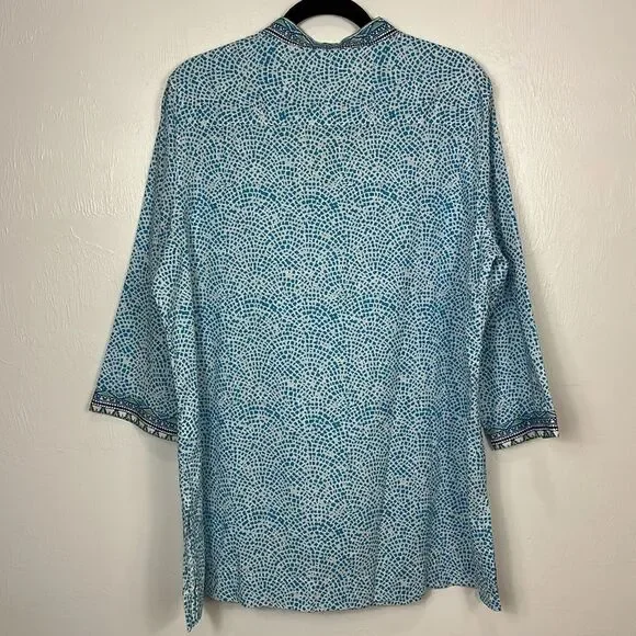 Foxcroft Border Trim Cotton Wrinkle Free Tunic Top In Lagoon Multi Size 18 - Picture 6 of 9
